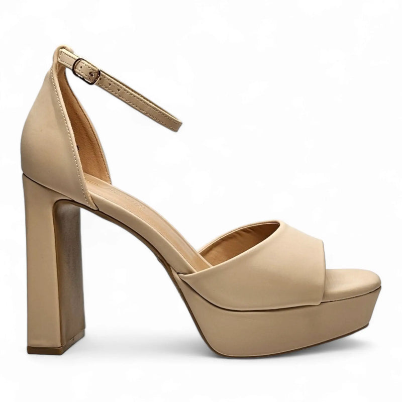 Beige leather platform sandal with chunky heel and ankle strap for Vegas Pumps