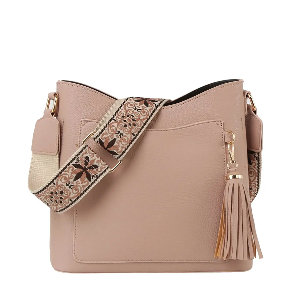 Beige leather T Pocket Crossbody Hobo Bag with decorative strap and tassel