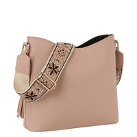 Beige leather Pocket Crossbody Hobo Bag with decorative embroidered strap