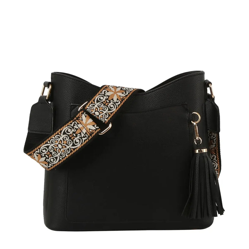 Black Pocket Crossbody Hobo Bag with decorative strap and tassel accent