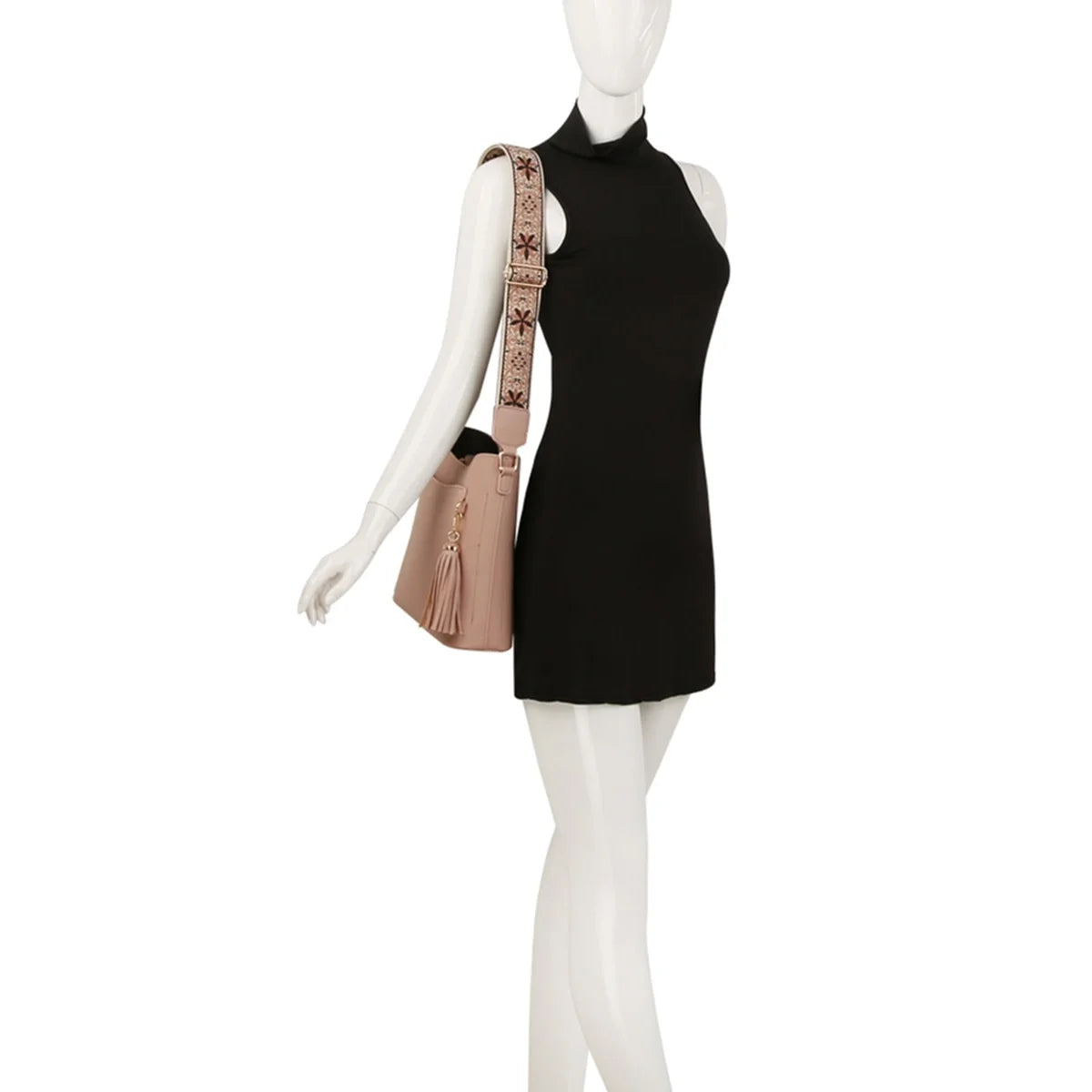 Black sleeveless mini dress on mannequin with T Pocket Crossbody Hobo Bag displayed