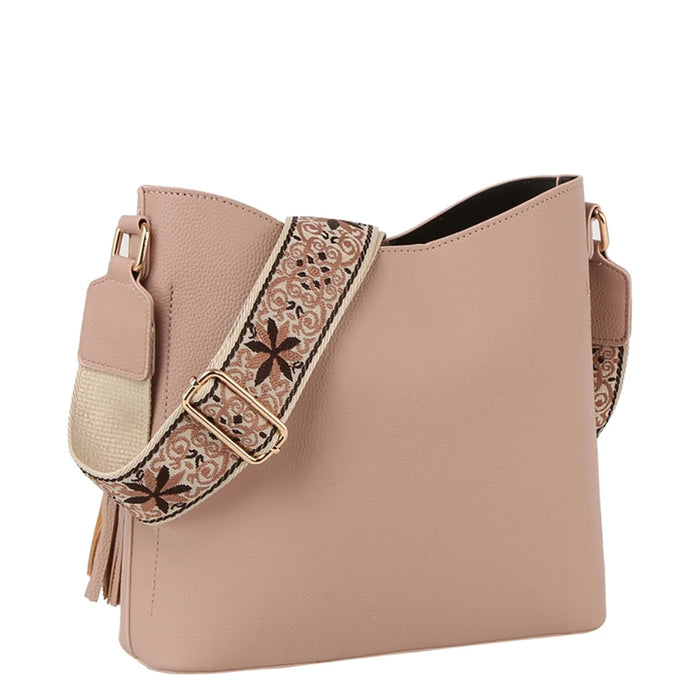 Tassel Front Pocket Crossbody Hobo Bag - Mauve