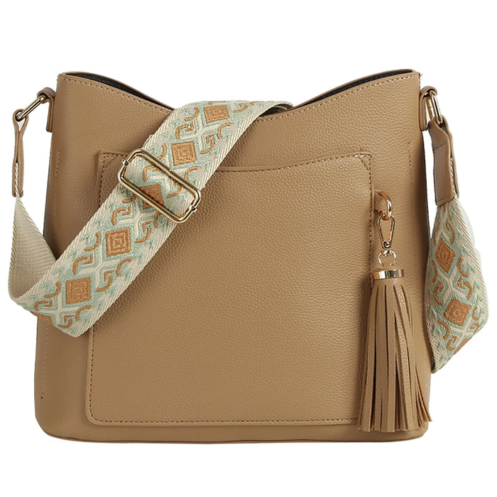 Tassel Front Pocket Crossbody Hobo Bag - Stone