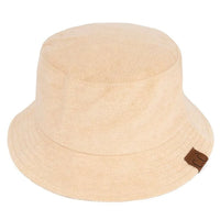 Beige Terry Cloth Bucket Hat with a small brown tag on the side