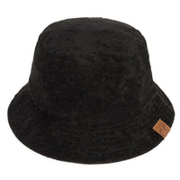 Black corduroy bucket hat featuring a leather patch, ideal for a terry cloth bucket look