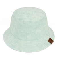 Pale mint green terry cloth bucket hat with brown leather tag for stylish comfort