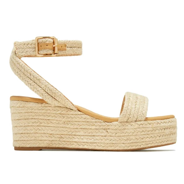 Beige espadrille platform wedge sandal with ankle strap and platform sole