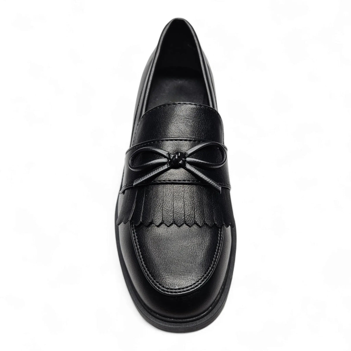 Black leather Toro Fringe Loafer with fringe detail and decorative bow