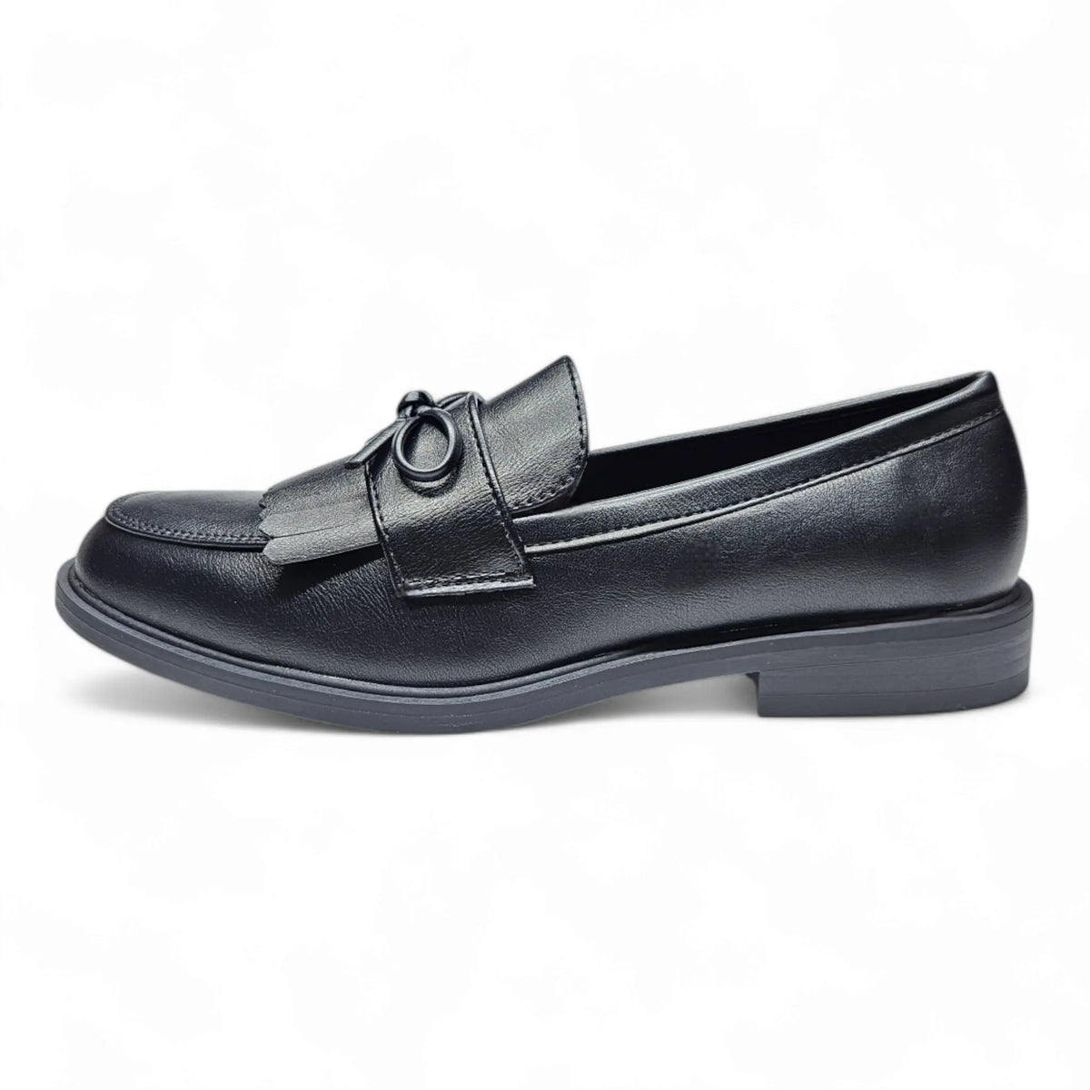 Black leather Toro Fringe Loafer featuring decorative fringe and bow detail