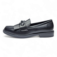 Black leather Toro Fringe Loafer featuring decorative fringe and bow detail