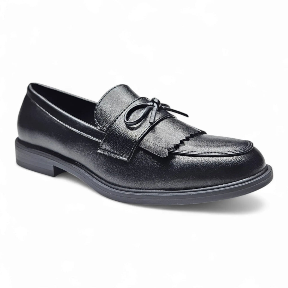 Black leather Toro Fringe Loafer with kiltie fringe and bow detail for stylish comfort