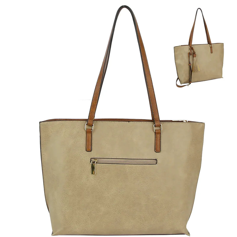 Beige leather tote bag with brown straps and zipper pocket, stylish Tote Bag With Tassel