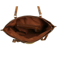 Brown leather tote bag with shoulder straps and zippered pocket, ideal for stylish storage