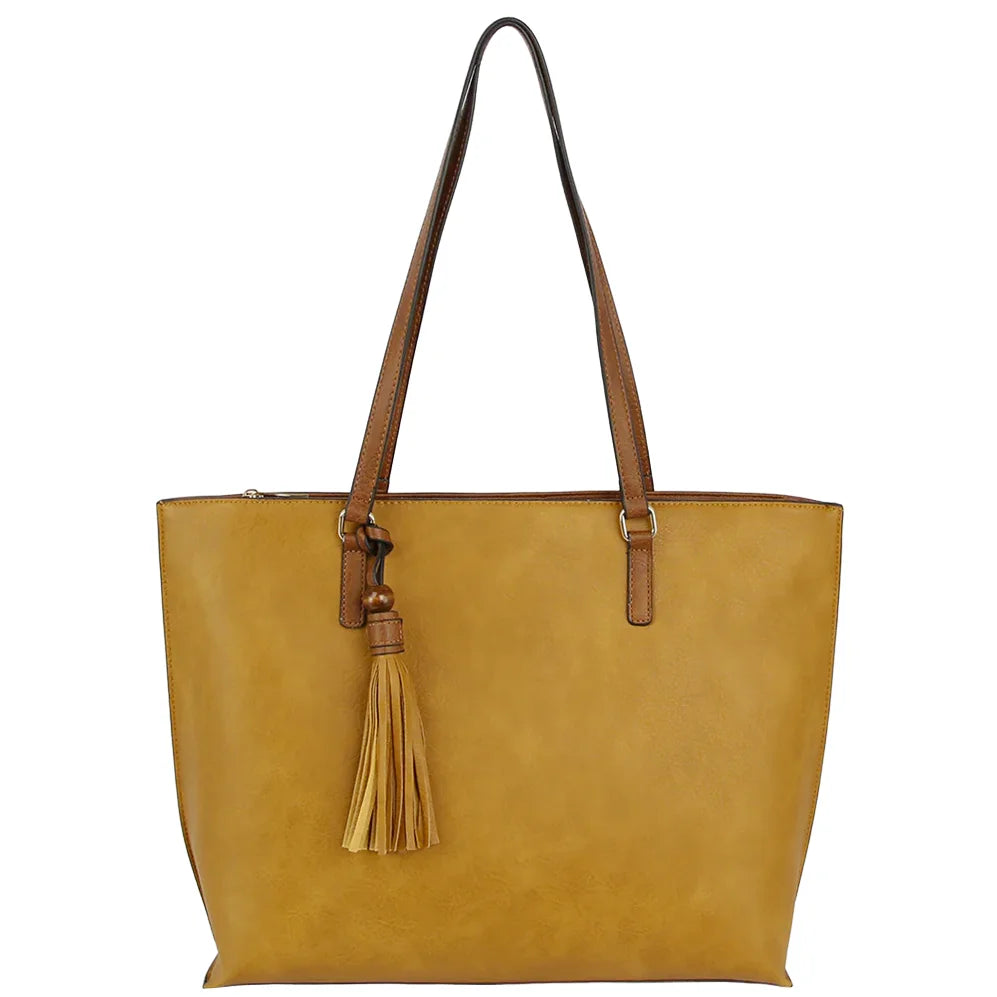 Yellow leather tote bag with brown handles and tassel accent for stylish storage