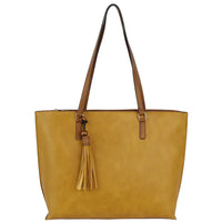 Yellow leather tote bag with brown handles and tassel accent for stylish storage