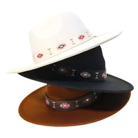 Three decorative eye-patterned Tribal Boho Design Strap Fedora Hats in white, black, brown