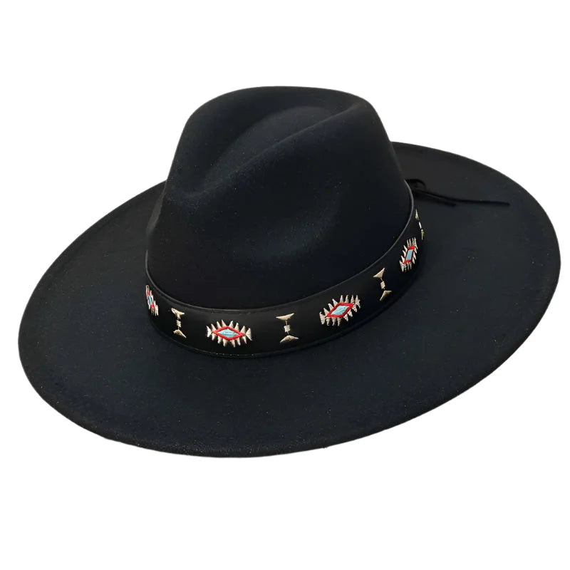 Black felt western hat with beaded band, perfect for a Tribal Boho Design look