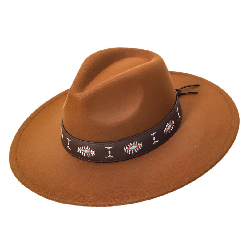 Brown Felt Fedora with Tribal Boho Design Strap and Decorative Band for Stylish Look