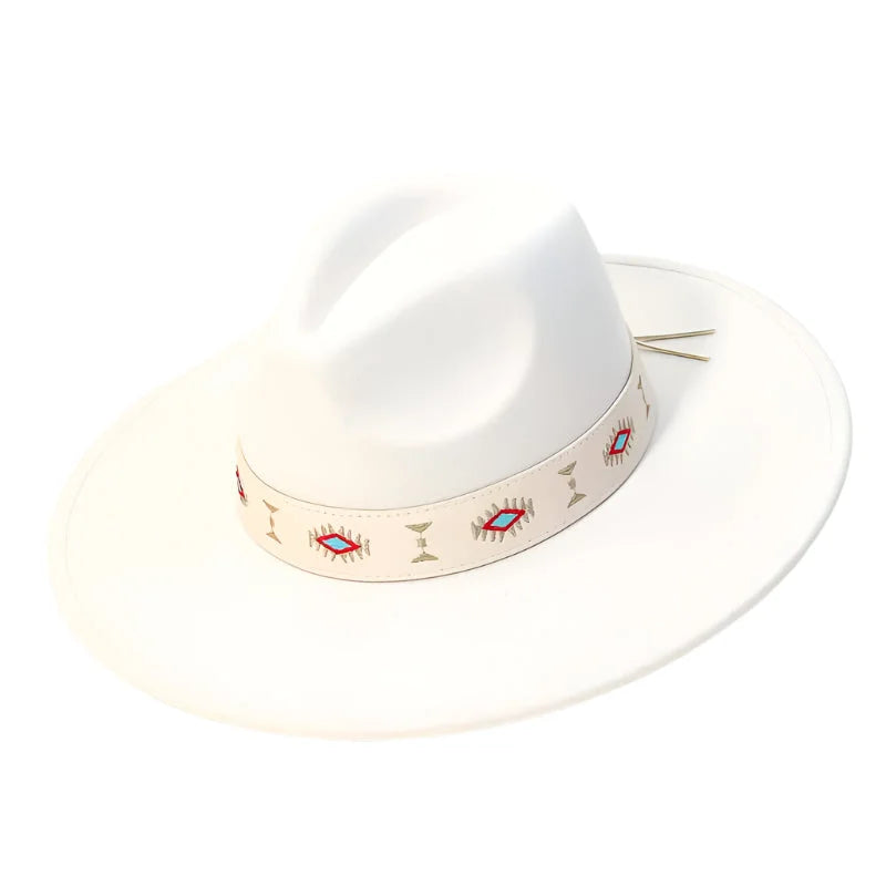 White cowboy hat with beaded band showcasing Tribal Boho Design for stylish fedora wear