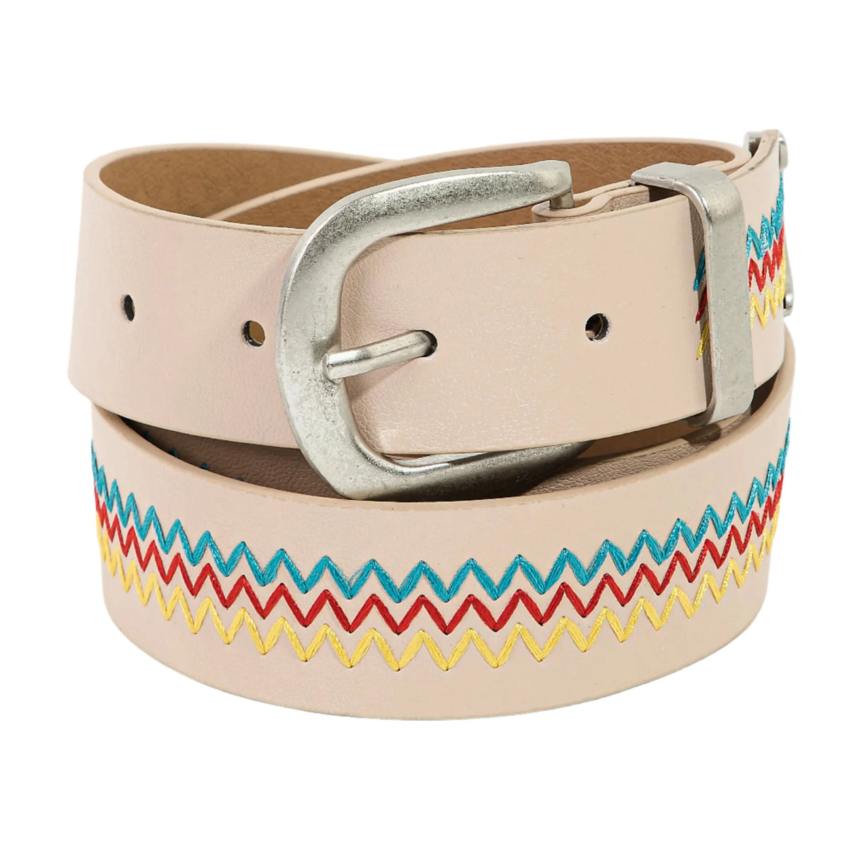 Triple Zigzag Embroidered Buckle Belt - Beige - Belt