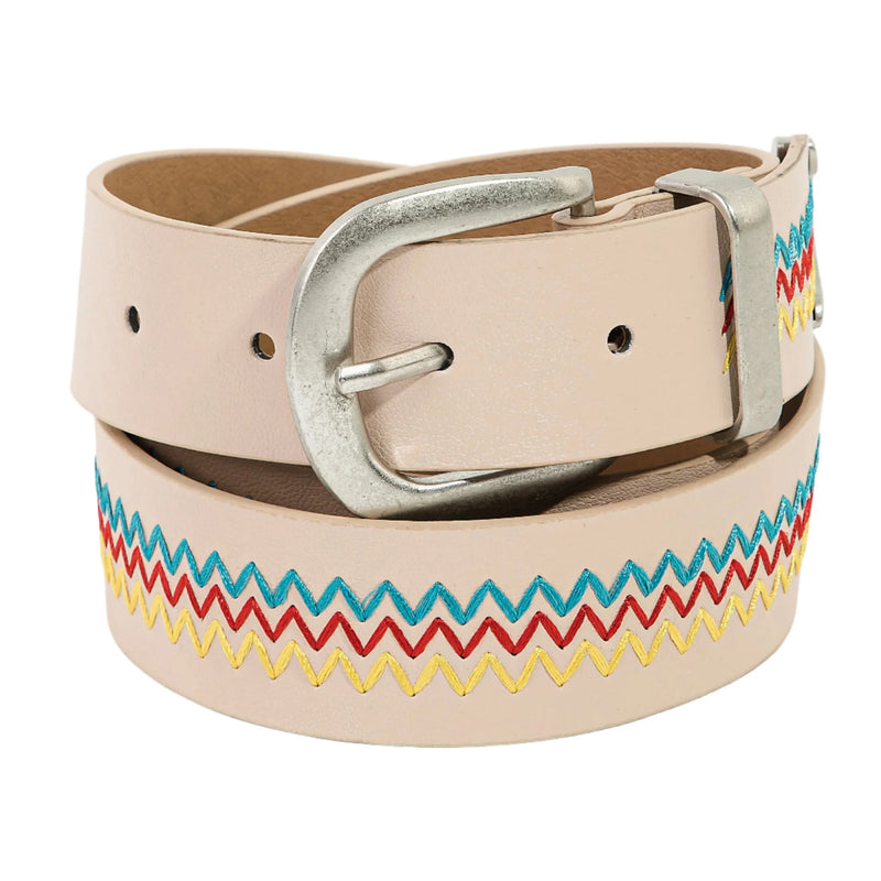 Triple Zigzag Embroidered Buckle Belt - Beige - Belt