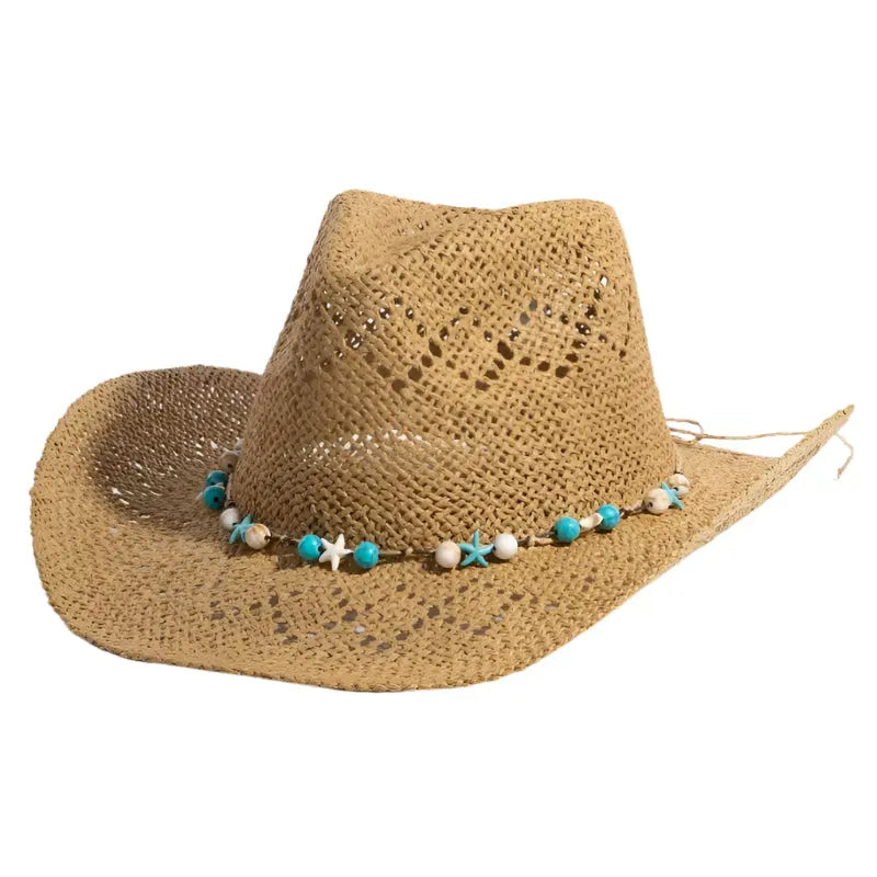 Straw cowboy hat with turquoise and white shell star beads trim for western style