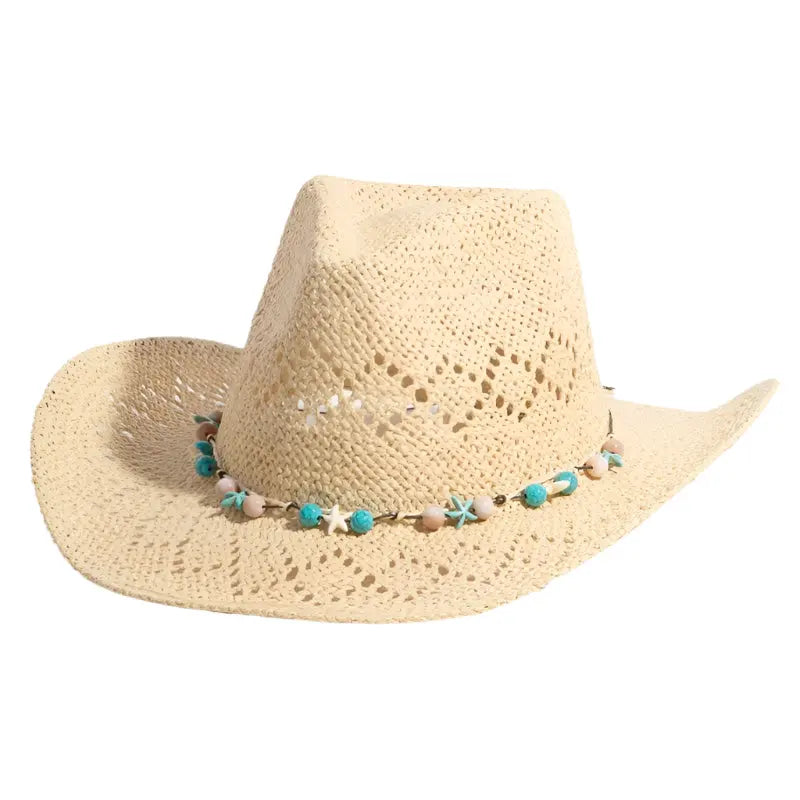 Beige straw cowboy hat with turquoise and white shell star beads trim for western style