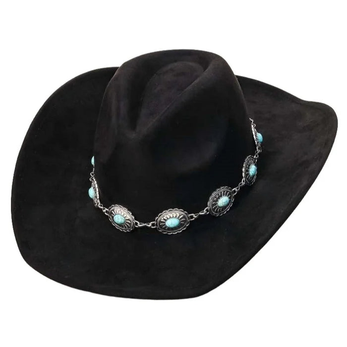 Black cowboy hat with turquoise oval stone strap and silver band details