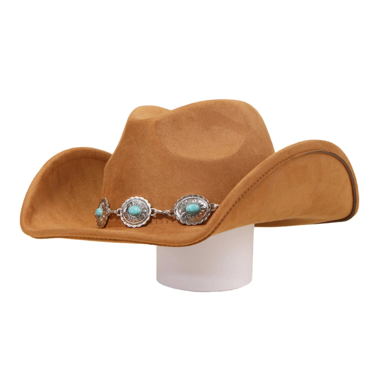 Tan cowboy hat with turquoise oval stone strap for stylish western wear