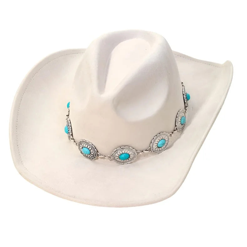 White Cowboy Hat with Turquoise Oval Stone Strap and Silver Concho Belt