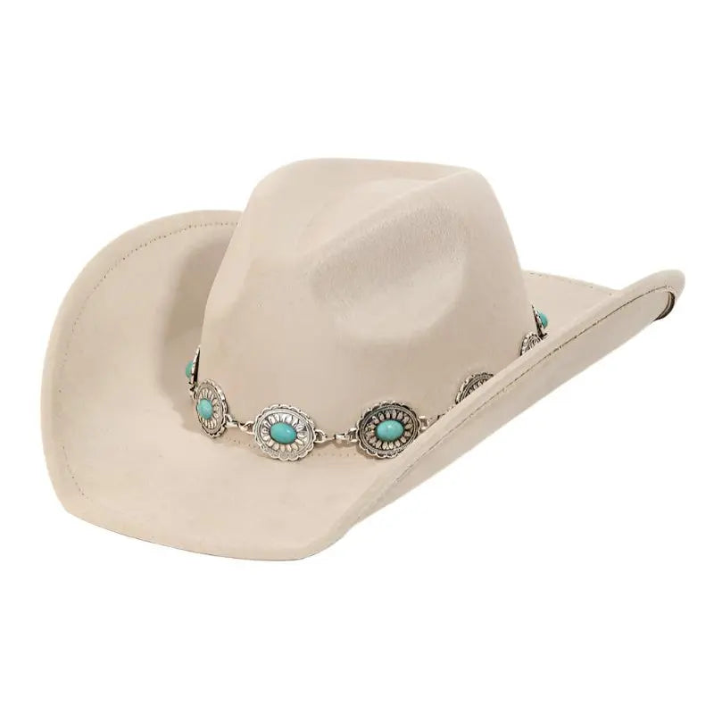 White cowboy hat with turquoise oval stone strap and silver concho band decoration