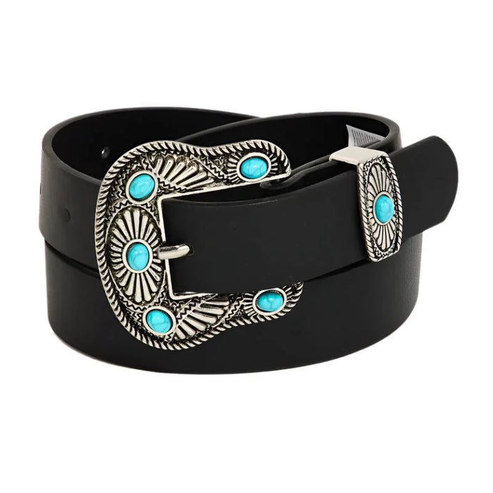 Black leather belt featuring a turquoise stud buckle in Western style