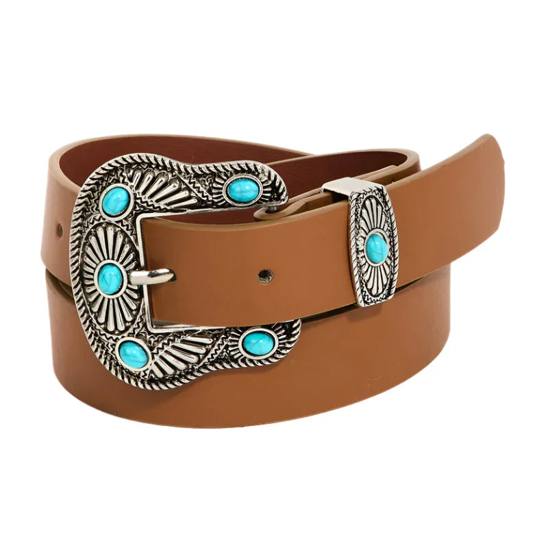 Brown leather belt featuring a turquoise stud buckle with a silver-toned western design