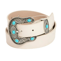 White leather belt featuring a turquoise stud buckle with ornate silver detailing