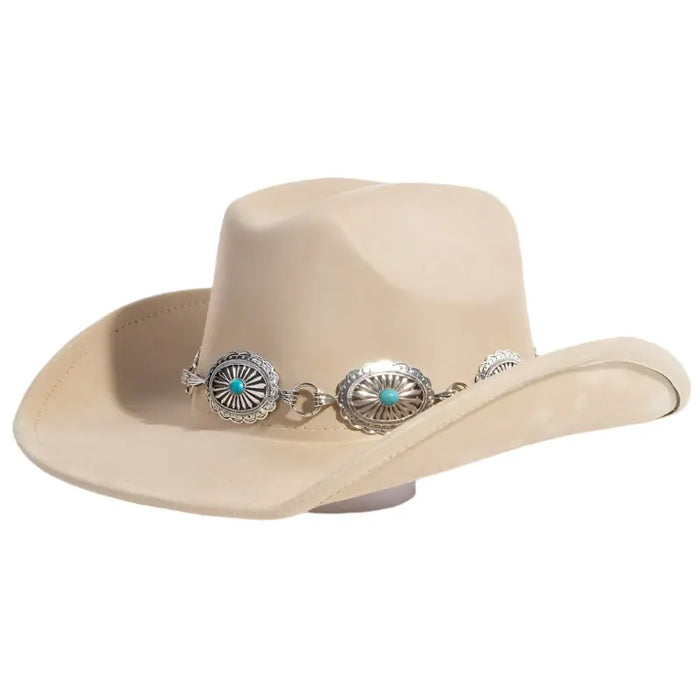 Turquoise Stud Concho Belt Western Cowboy Hat - Khaki - FELT HAT