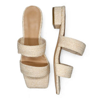 Beige textured Two Band Raffia Slide sandals with two stylish straps