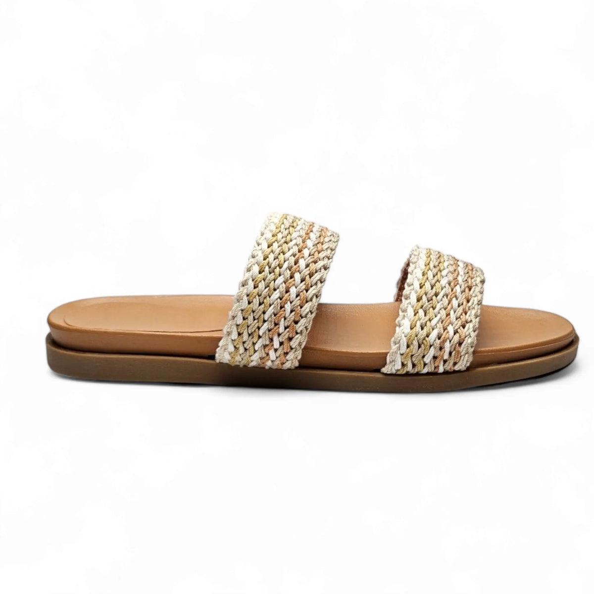 Woven Two Band Slide with multicolored straps on a tan sole for stylish summer wear