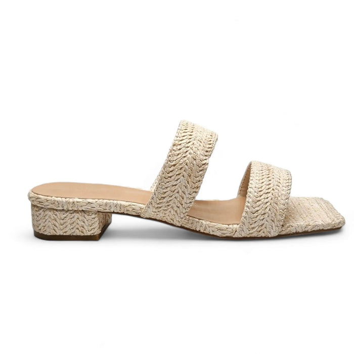 Beige Two Band Raffia Slide featuring woven design and low block heel