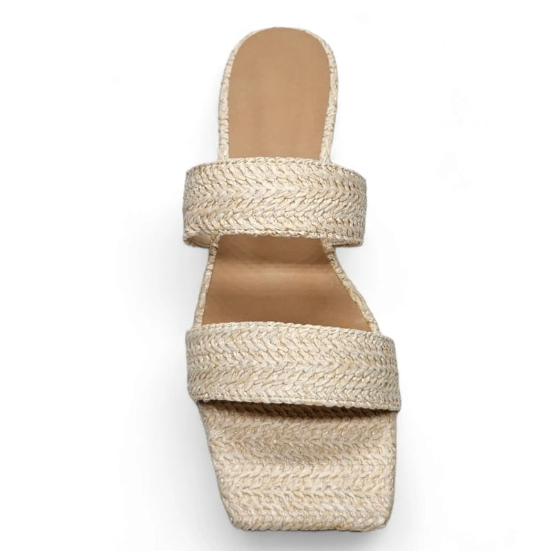 Beige two band raffia slide espadrille sandal with square toe and dual straps