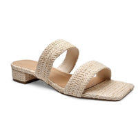 Beige Two Band Raffia Slide sandal with low square heel and comfortable straps