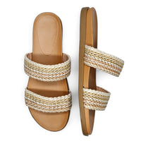 Woven Two Band Slide, a stylish pair of straw and leather slip-on sandals