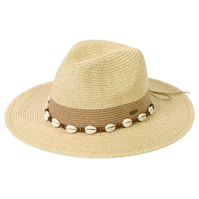 Two Tone Color Block Panama Hat featuring a seashell-decorated band for beach style