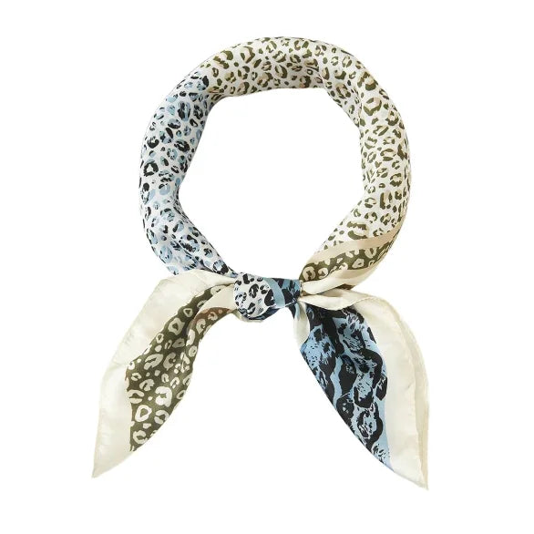 Silk Two Tone Leopard Scarf tied in a loop showcasing a stylish leopard print pattern