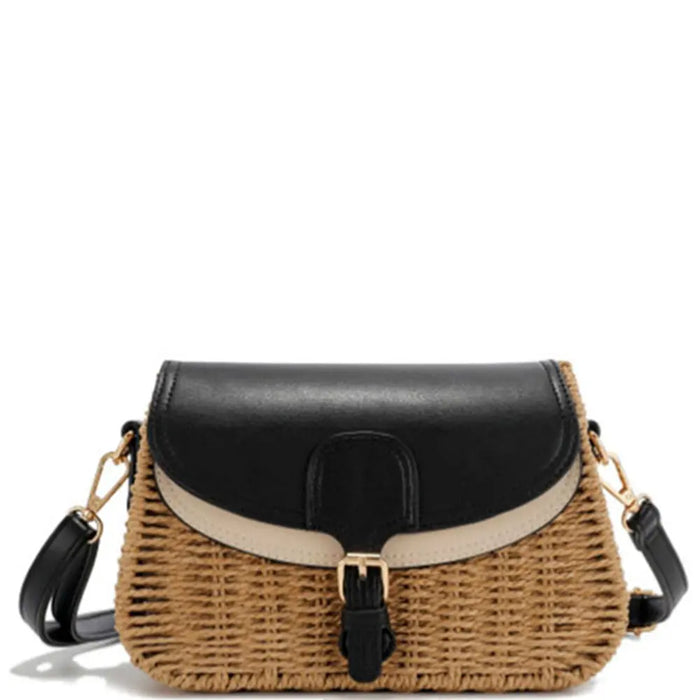 Two tone straw design crossbody bag with woven detailing and black flap