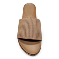 Beige knitted slide sandal featuring a stretch woven upper and ribbed fabric strap