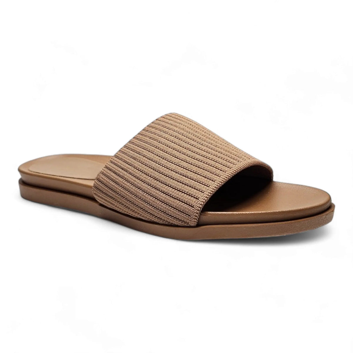 Beige knitted slide sandal with a flat sole and stretch woven upper for all-day comfort