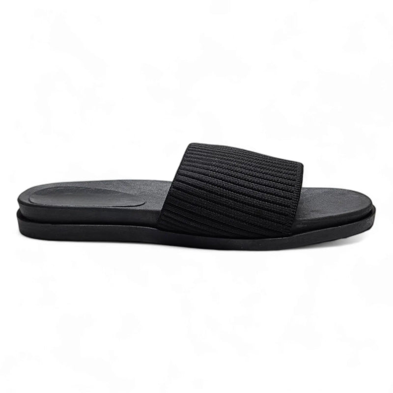 Black Slide Sandal with Textured Strap Featuring Stretch Woven Upper Design