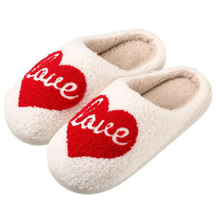 White fuzzy heart love slippers with red heart designs for Valentine’s Day heart gifts