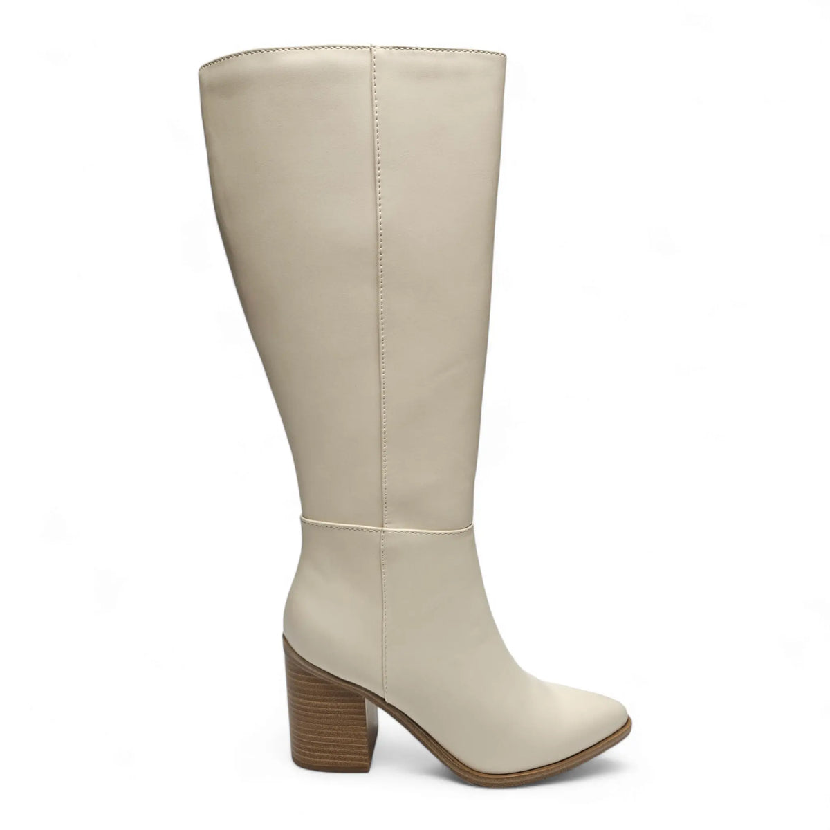 Tall cream leather Vapor Block Heel Knee High Boots with chunky wooden heel height measures approximately