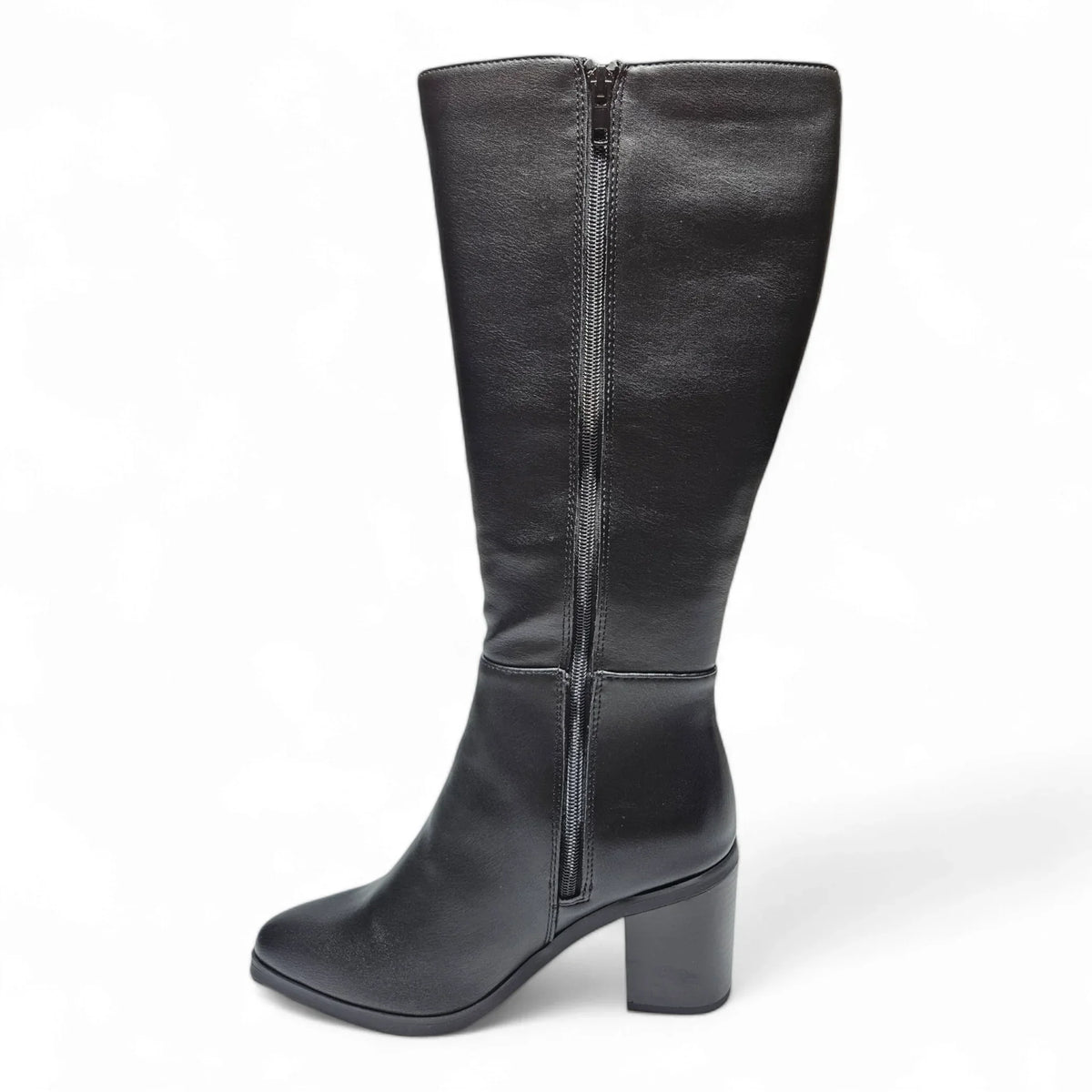 Black leather Vapor Block Heel Knee High Boots with chunky heel and side zipper